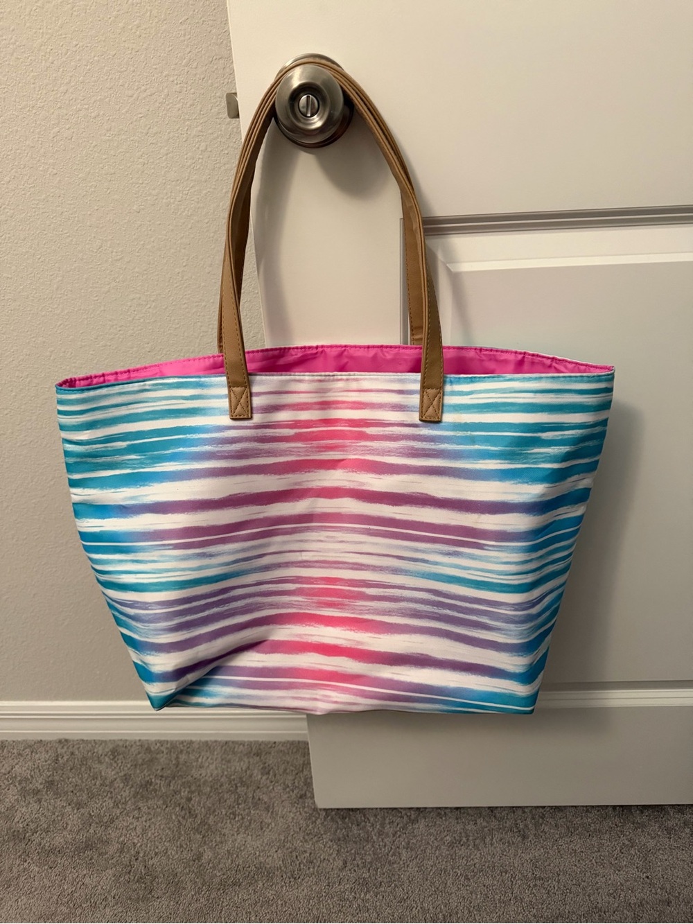 Striped Multi-Color Tote Bag with Tan Handles